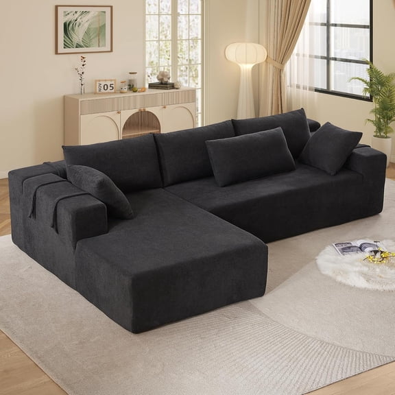 AENKYO 108" Chenille L-Shaped Sectional Sofa Set with 6 Pillows, Free-Combination Modular Couch for Living Room, Black, Left-Facing Chaise