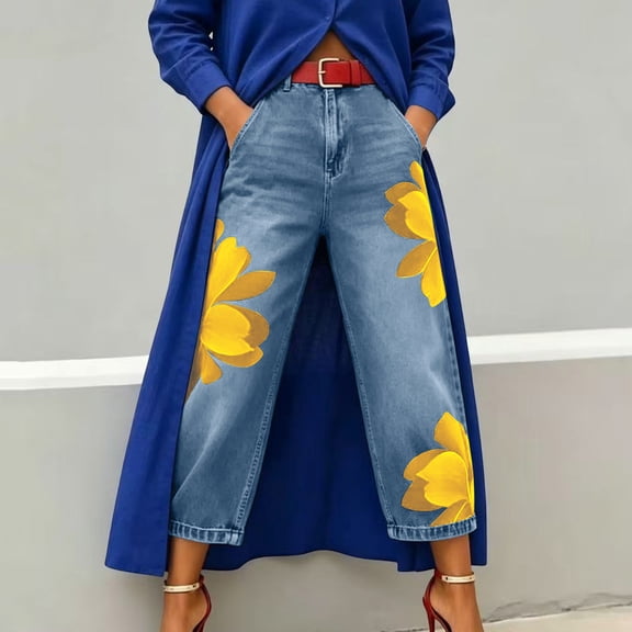 Karymi Jeans for Women High Waist Floral Print, Large Flower Pattern Loose Wide Leg Denim Trousers with Side Pockets