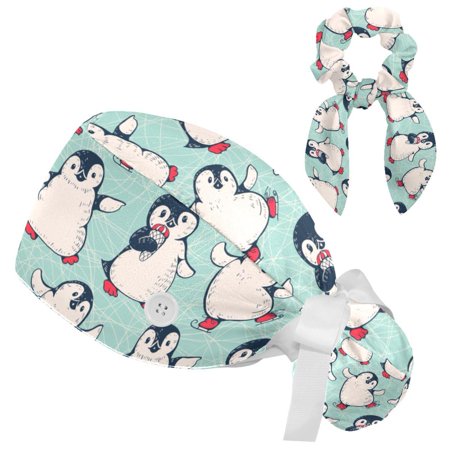 

Working Cap with Buttons and Sweatband Scrub Hat Bouffant Caps with Scrunchie Penguin Tie Back Hats