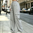 thumbnail image 6 of Costeam Womens Vertical Stitch Cargo Wide Leg Sweatpants Elastic Drawstring Waist Side Patch Cargo Pockets Soft Heather Knit Loose Straight Solid Color Casual Athletic Lounge Trousers, 6 of 8
