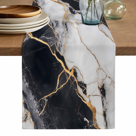 Marble Black Table Runner, Abstract Gold White Brick Stone Motif Washable Cotton Linen Table Runners 90 Inches Long, Dresser Scarf Runner for Dining/Coffee/Kitchen/Hallway Tables 13''x90''
