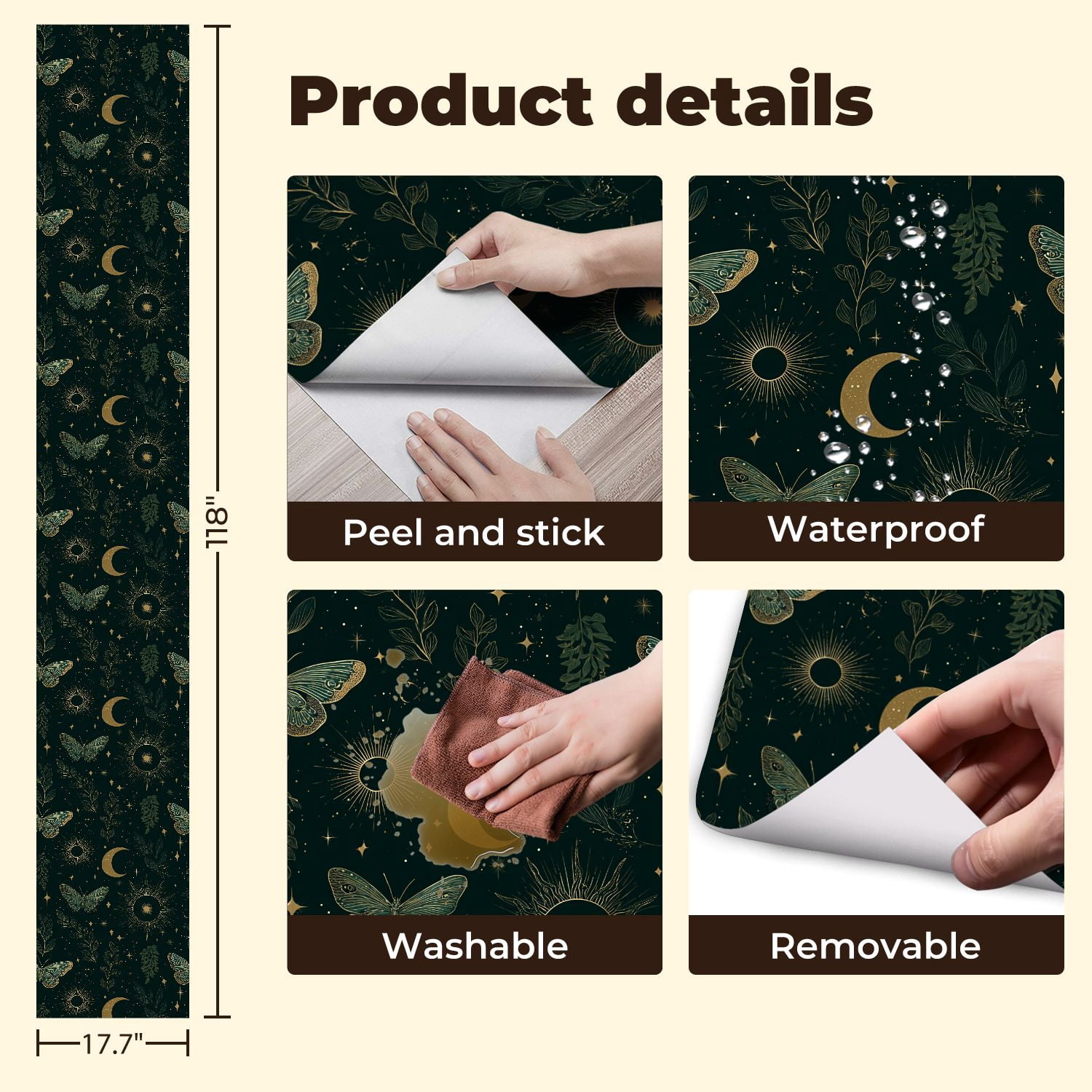 Peel and Stick Wallpaper 17.7in x 9.8ft Butterflies Floral Moon Phases Gold Accents Contact Paper Vinyl Waterproof Self Adhesive Wall Paper for Bedroom Shelf Cabinet Renter Friendly