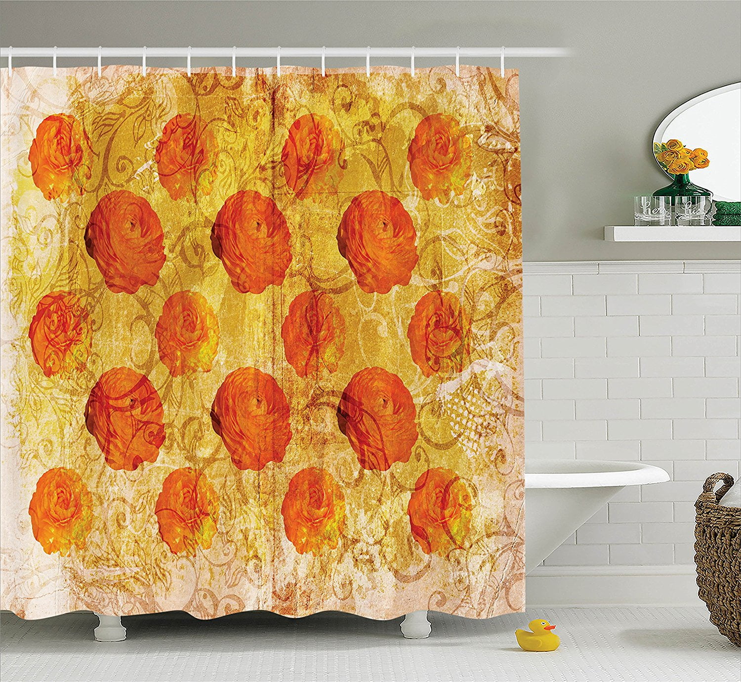 Burnt Orange Decor Shower Curtain Set By , Vintage Rose Flower Pattern