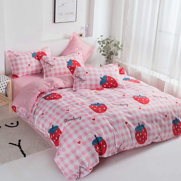 Girls Strawberry Bedding Set Cute Red Strawberry Duvet Cover For Kids