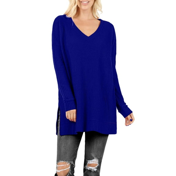J. METHOD Women’s Knit Sweater Long Sleeve V-Neck Thermal Waffle Warm Casual Tunic Pullover Side Slit Knitted Top NEWT395 Denim Blue 1XL