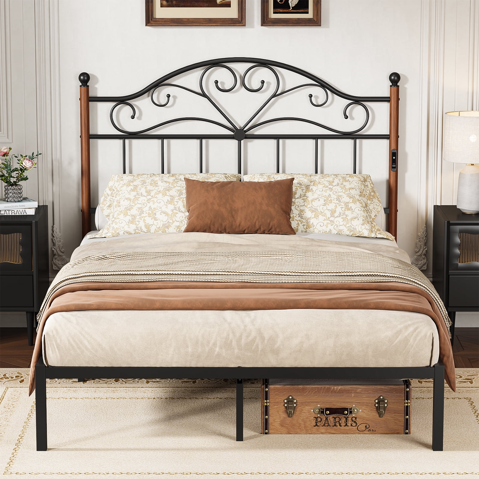 Yoneston Vintage Metal Queen Headboard with Charging and 3-Level Height Adjustment for Queen Adult Bed, Black