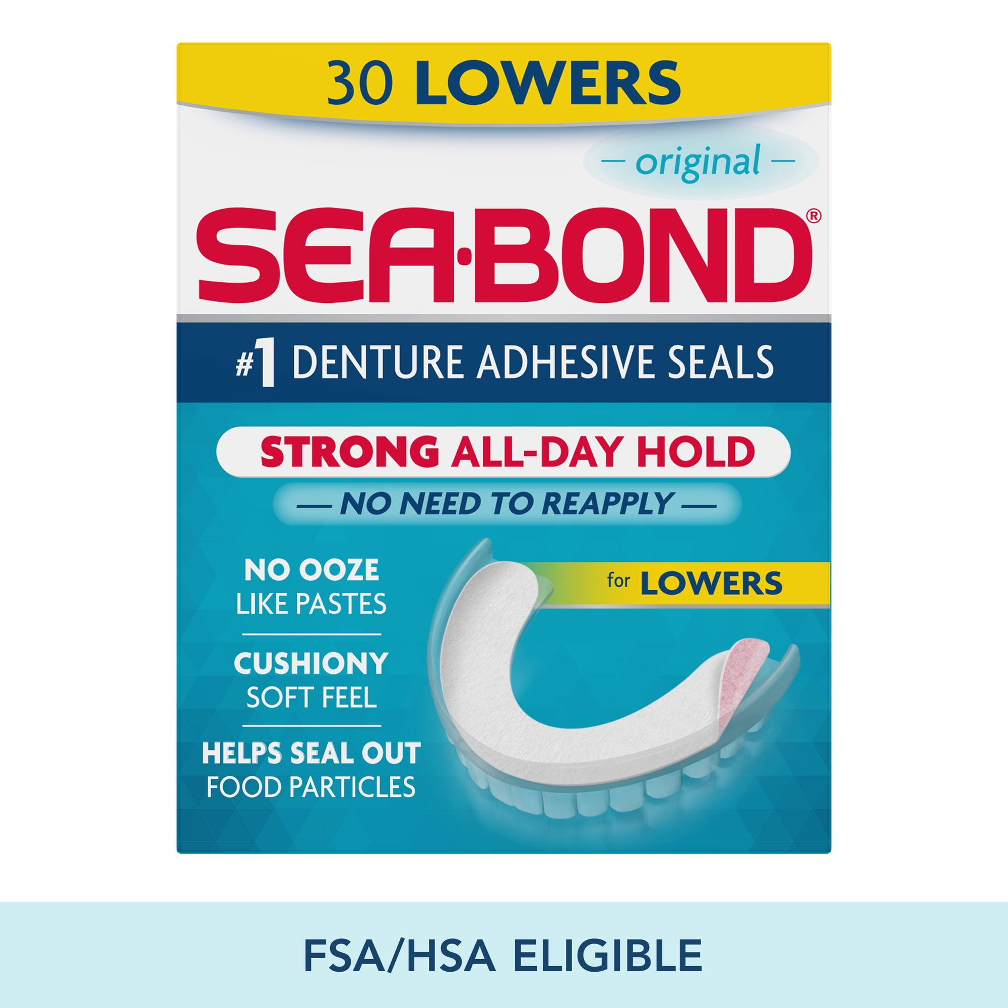 Sea Bond Secure Denture Adhesive Seals, Original Lowers, Zinc-Free, All-Day-Hold, Mess-Free, 30 Count