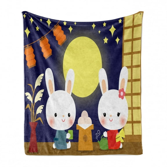 Anime Soft Flannel Fleece Blanket, Little Bunnies Enjoying Tsukimi Japan Moon Watching Festival Traditional Event Party, Cozy Plush for Indoor and Outdoor Use, 70" x 90", Multicolor, by Ambesonne