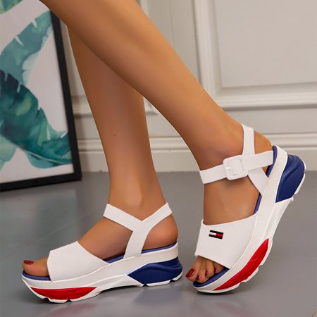 

LIANGP Women s Sandals Spring/Summer Casual Buckle Middle Heel Open Toe Thick Sole Sandals Women s Shoes White Size 8