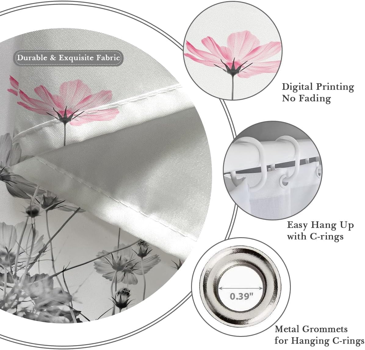 Pink Gray Flower Shower Curtain 72''''W x 72''''L White Grey Daisy Floral Ink Painting Botanical Simple Elegance Bathroom Curtains Polyester Fabric 12 Pack Plastic Hooks