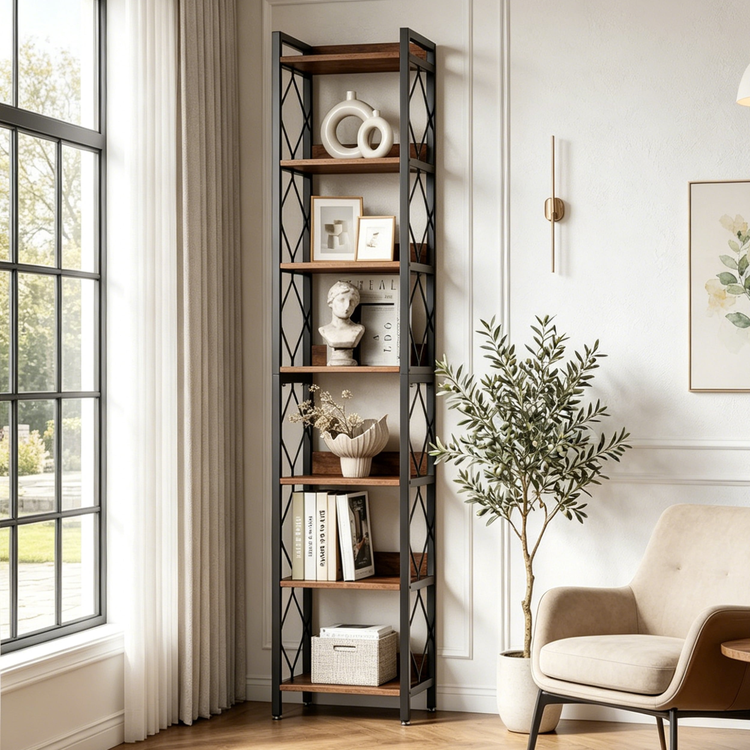 Fnova 78.7" 7-Tier Tall Storage Shelf, Narrow Metal Wood Bookshelf for Small Spaces, Office, Library, Living Room