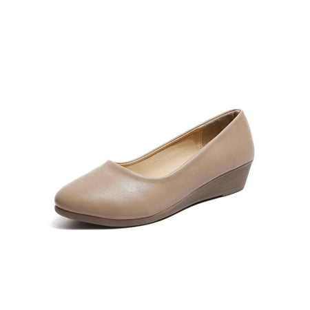 

Crocowalk Women Wedges Low Heel Pumps Shoes Round Toe Casual Shoe Womens Work Non-Slip Slip On Apricot 6