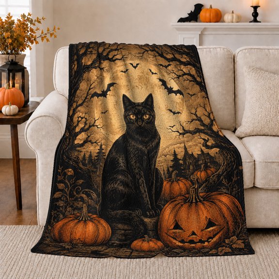 Halloween Spooky Forest Black Cat Pumpkin Scene, Mystical Pet Portrait Pattern, Warm Flannel Blanket for Cabin and Lodge, Cat Lovers Halloween Gift, Pet Lover Home Decor