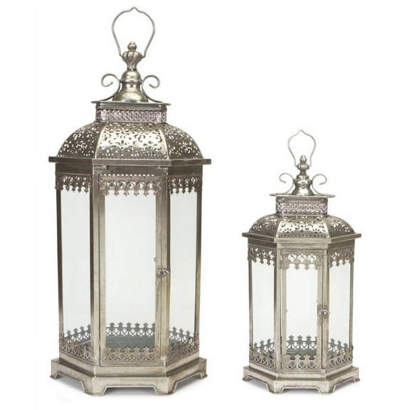 Melrose Set of 2 Antique Style Silver Decorative Glass Pillar Candle Lanterns 34"