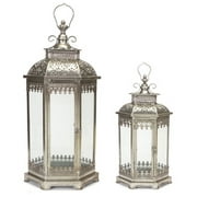 Melrose Set of 2 Antique Style Silver Decorative Glass Pillar Candle Lanterns 34"
