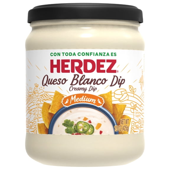 HERDEZ Queso Blanco Dip Medium, Tortilla Chip Dip, Shelf-Stable, 15 oz Glass Jar