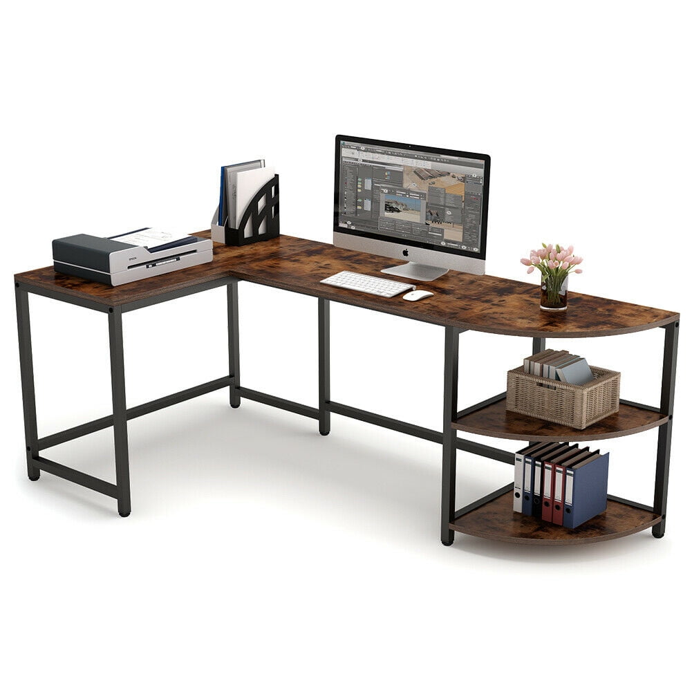 LShaped Desk with Corner Shelf, 74 inch Corner Computer Desk (Rustic