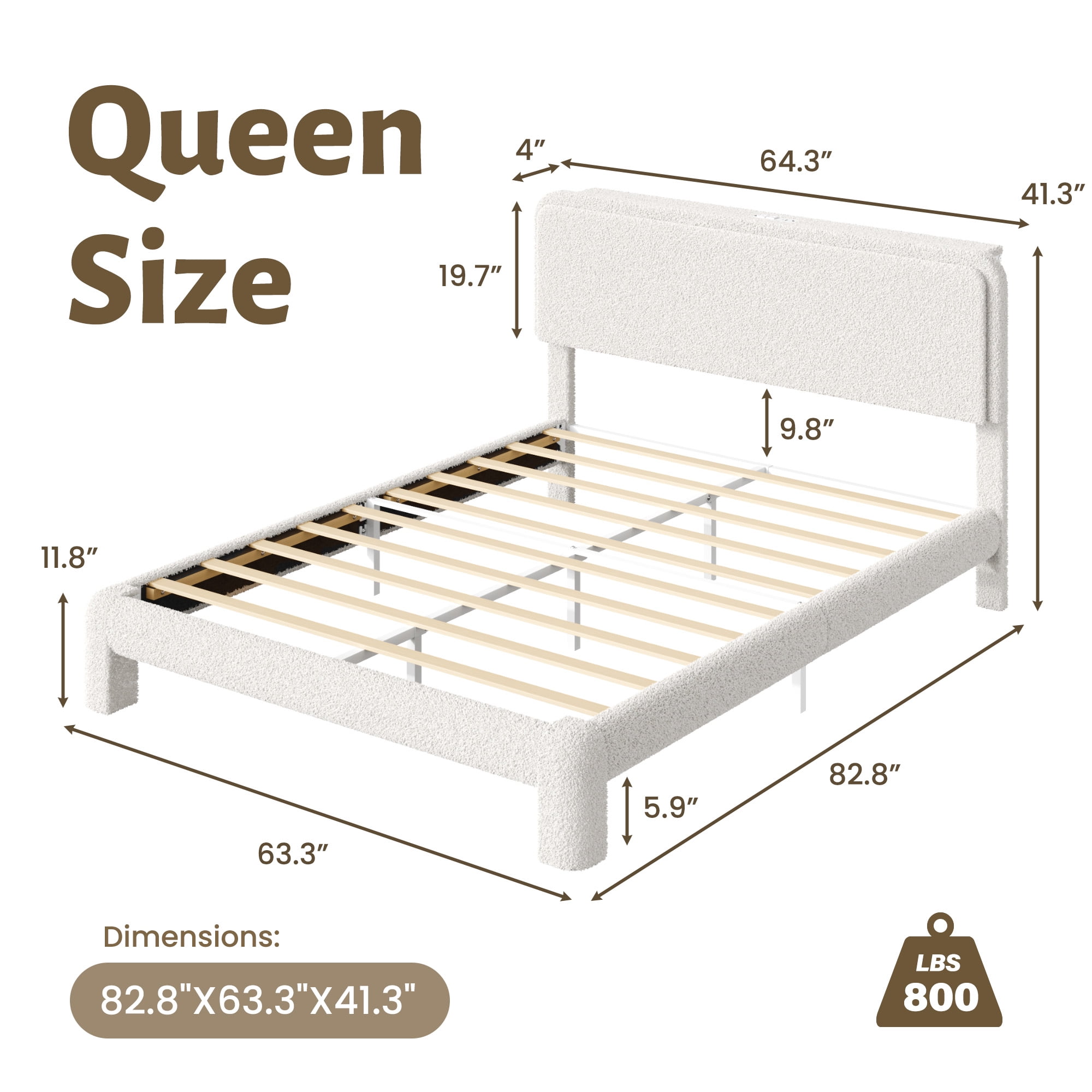 Fluest Queen Size Boucle Upholstered Bed Frame, Cloud Headboard, Built-in Charging Station & LED Lights, Beige, No Box Spring Needed