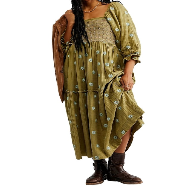 Robe Longue pour Femmes Manches Longues Col Carré Broderie Fleur Robe Évasée