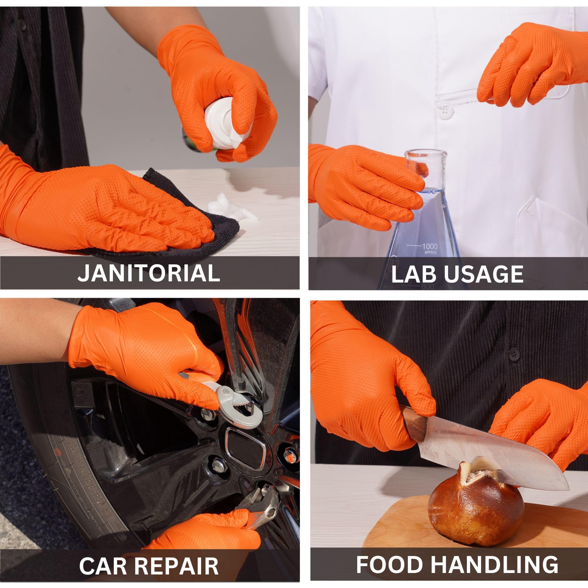 Industrial Orange Nitrile Gloves – Disposable Rubber Gloves 8 Mil – Raised Diamond Texture, Latex & Powder Free - Size Large, Pack of 1000