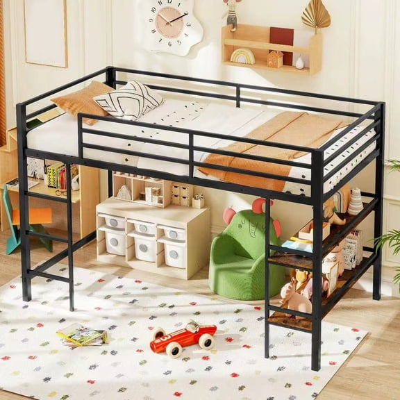 Harmijoy Twin Size Low Loft Bed w/Storage Shelves Ladder Full-length Guardrails, Black