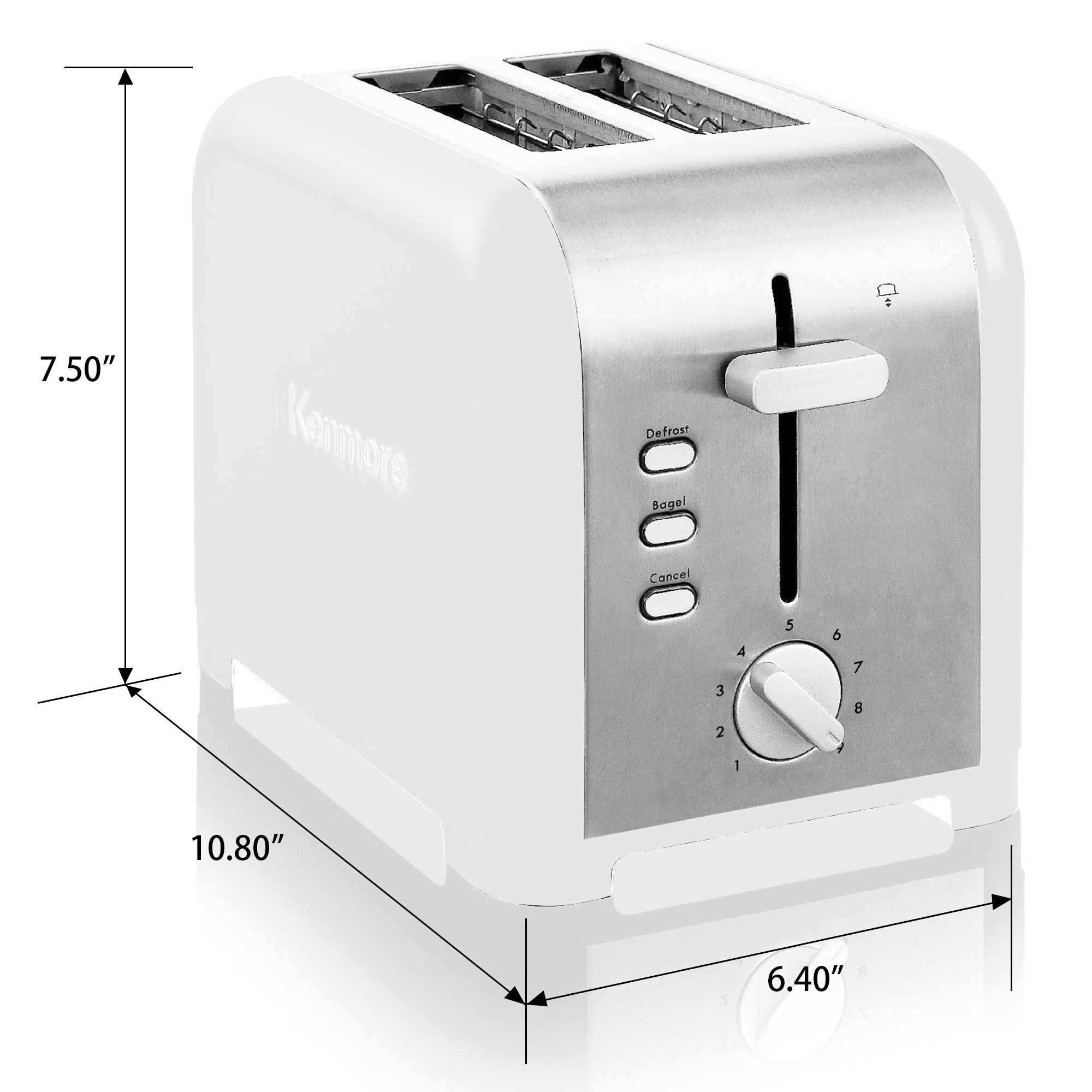 Kenmore 2-Slice White Stainless Steel Toaster, Wide Slot, Bagel/Defrost