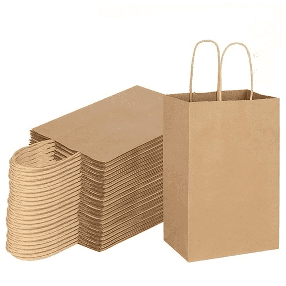 100 Brown Kraft Paper Gift Bags with Handles, 8.26in Small Shopping Bags for Retail, Parties & Gifts