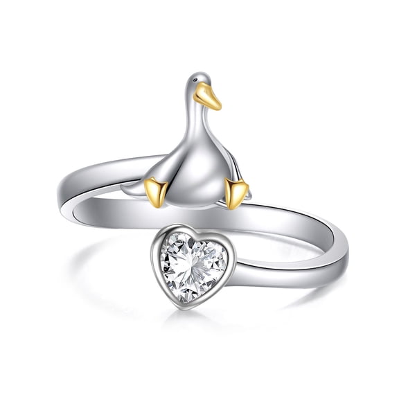 Goose Ring Sterling Silver Adjustable Goose Heart Ring Animal Jewelry Gifts for Women Men