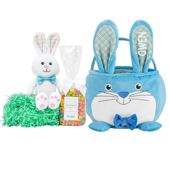 Personalized Easter Basket for Kids, Custom Fillable Holiday Basket with Plush Furry Critter Design, Optional Basket Stuffers, Blue Bunny Model