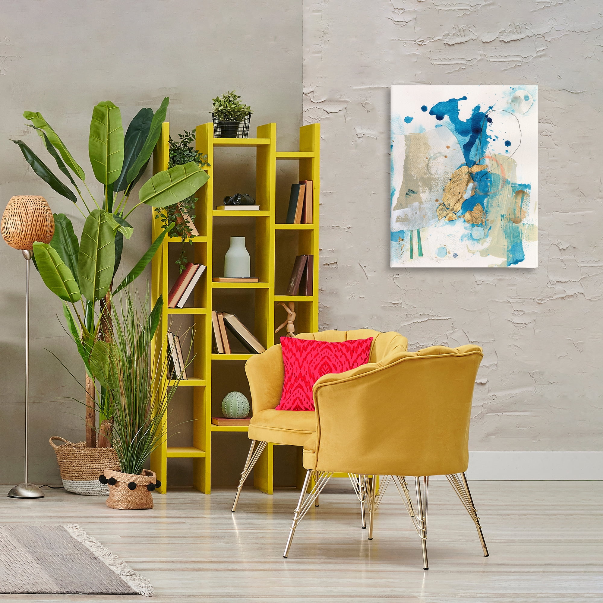 Stupell Industries Blue & Gold Splash Abstract Abstract Painting Gallery Wrapped Canvas Art Print Wall Art, 24 x 30