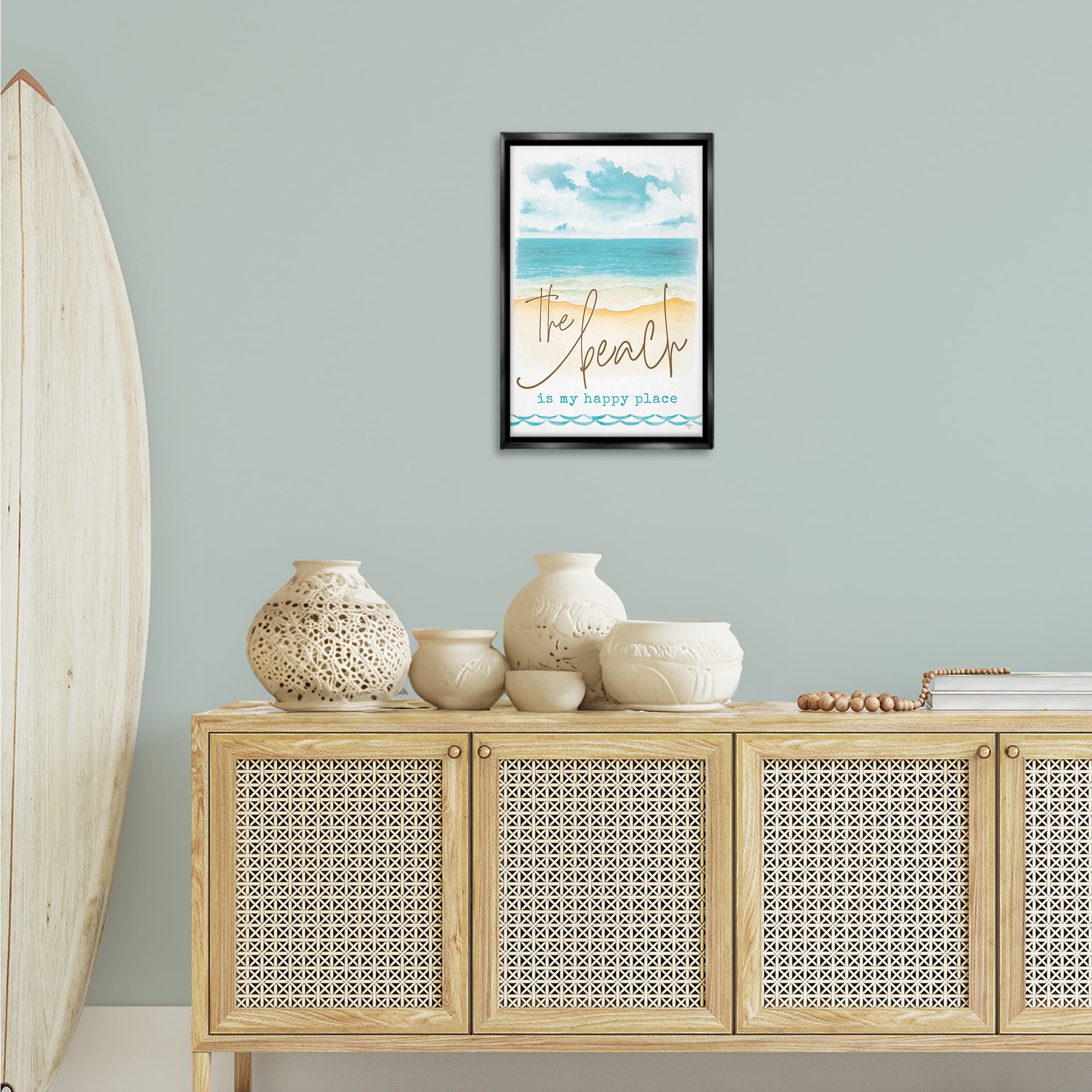 Stupell Industries Beach is Happy Place Text & Numbers Painting Black Floater Framed Canvas Art Print Wall Art, 17 x 25