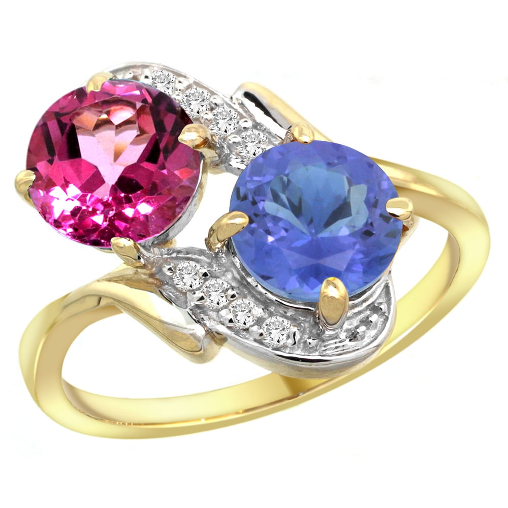 14k Yellow Gold Diamond Natural Pink Topaz & Tanzanite Mother's Ring Round 7mm, size 5 by Gabriella Gold