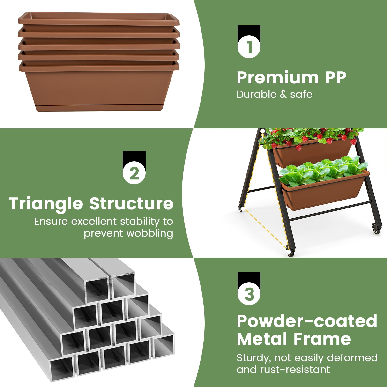 Patiojoy 5-Layer Vertical Raised Garden Bed with Wheels Drainage Holes Freestanding Planter with Container Boxes Brown