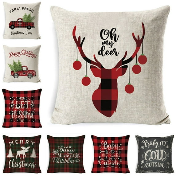 Vnanda Christmas Decoration Pillow Covers 18x18,Farmhouse Christmas Decor for Home,Red Black Buffalo Plaids Tree Deer Rustic Truck Xmas Pillow Case Winter Holiday Cushion Case