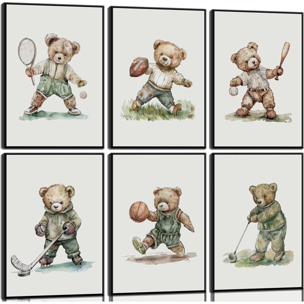 6 piezas de osito de peluche deportivo para niños, deción de pared, lona deportivo, clásico, lindo, carteles, cuadros de animales para niños, niños, recámara, cuarto de bebé, deción de