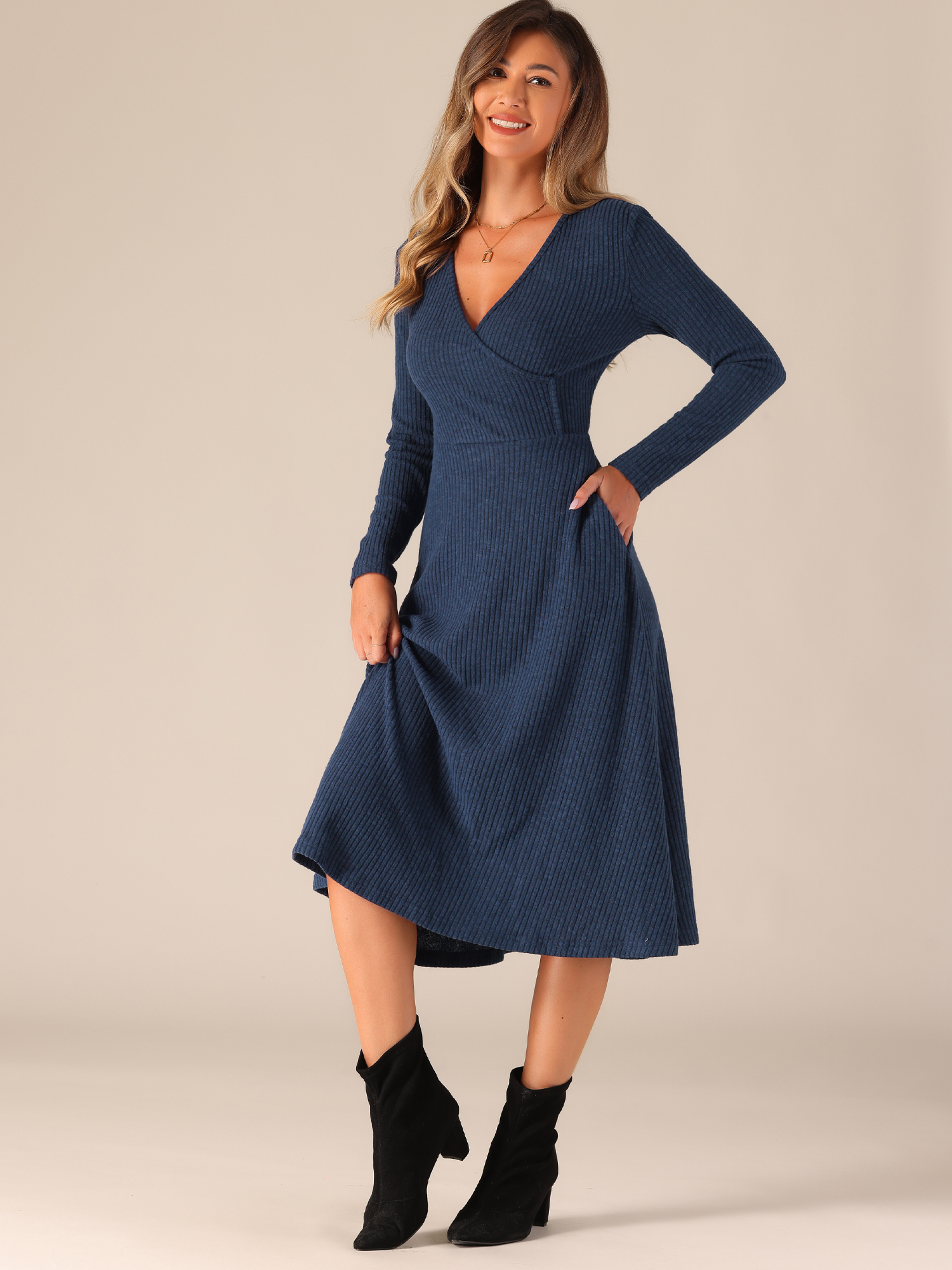 DARING DIVA Knit Ribbed Midi Deep V Wrap A-Line Dress S Navy Blue