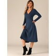 thumbnail image 4 of DARING DIVA Knit Ribbed Midi Deep V Wrap A-Line Dress XS Navy Blue, 4 of 6