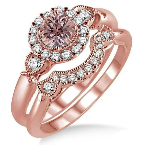 6mm Round Cut 2 Carat Morganite and Diamond Moissanite Engagement Ring in 10K Rose Gold