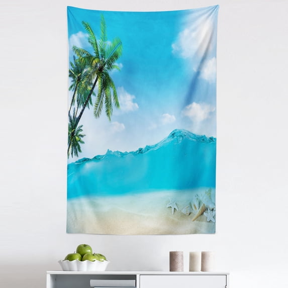 Underwater Tapestry, Aquatic Scenery with Waves Beach Coastal Exotic Tropical Palm Leaves, Fabric Wall Hanging Decor for Bedroom Living Room Dorm, 5 Sizes, Sky Blue Aqua Green, by Ambesonne