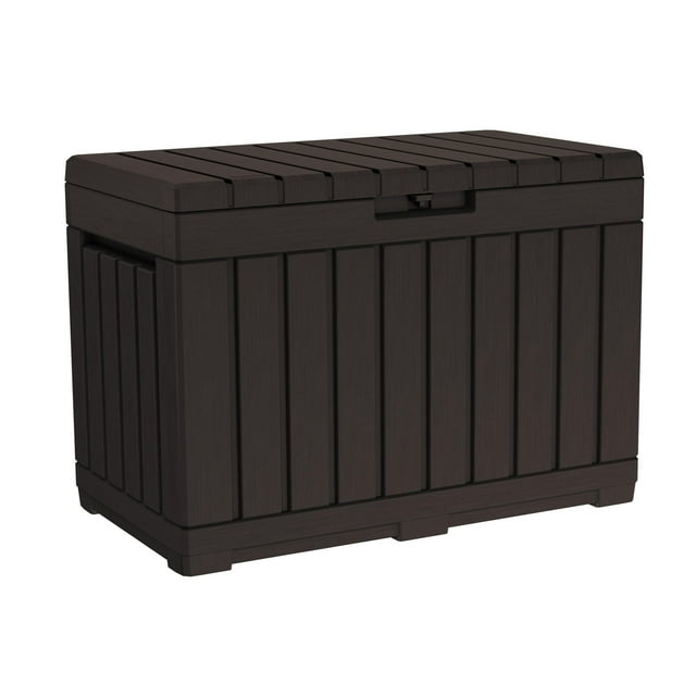 Caja de resina de 50 galones para organizar y almacenar cojines de patio, almohadas y herramientas de jardín, color café