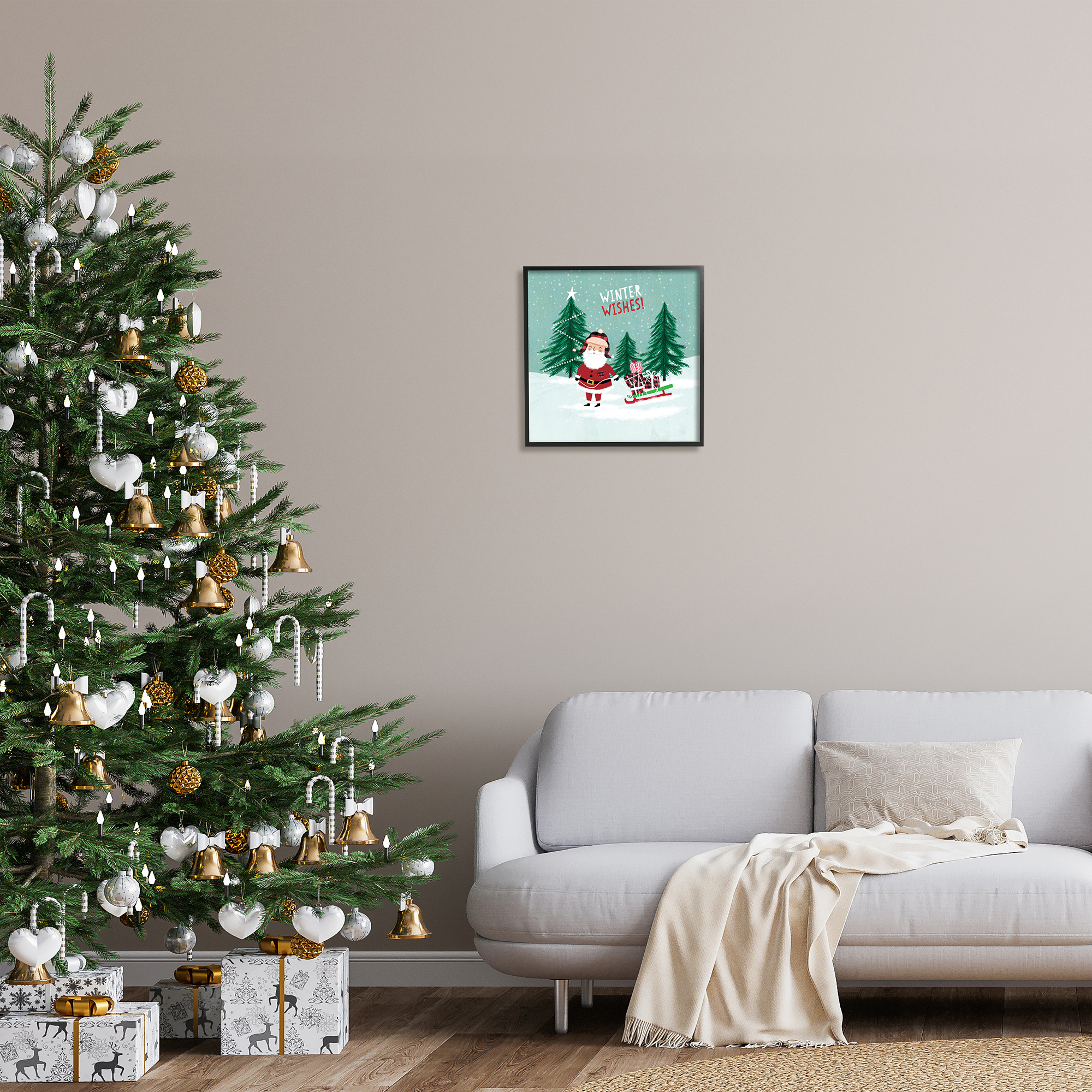 Stupell Industries Winter Wishes Santa Claus & Sled Holiday Painting Black Framed Art Print Wall Art
