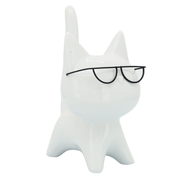 White Cat Figurine with Glasses - Modern Porcelain & Stoneware Decorative Sculpture for Home, Office, Bedroom, Living Room - Elegant Animal Statue Home Decor Accent - 8" White