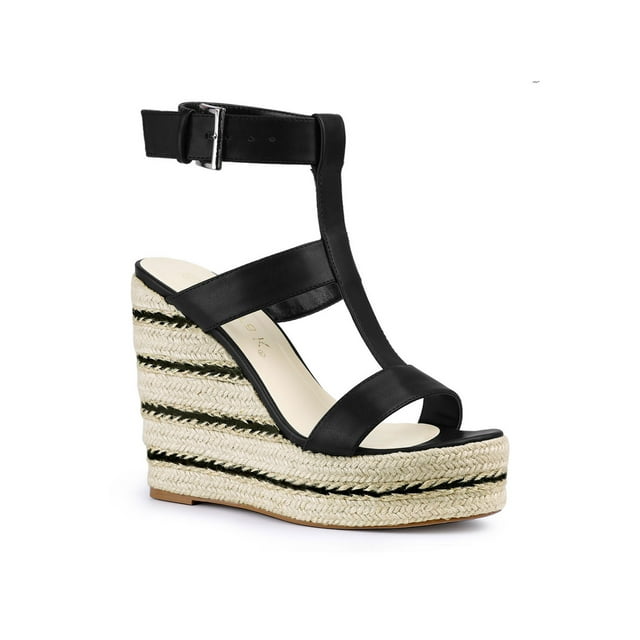 BLISSFUL STEP Sandales Compensées Espadrilles à Brides pour Femmes Noir 7,5