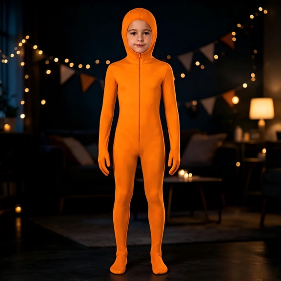 CAIVO Children Solid Color Zentai Integrated Hood Footed Bodysuit, Elastic Breathable Skin-Tight Zipper Jumpsuit for Photography Carnival Party