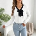 thumbnail image 6 of QIYAGBSA Womens V Neck Sweater Cable Knit Contrast Bow Detail Long Sleeve Pullover Casual Fall Winter Top (White M), 6 of 7