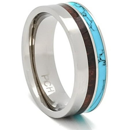 - Turquoise and Koa Wood Ring set in Titanium High Polish Wedding Bands 8mm Comfort Fit (7.5)