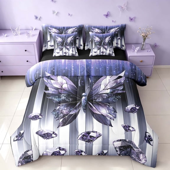 Homewish Glowing Butterfly Twin Bedding for Girls, Bling Stars Diamonds Bedding Comforter Set, Blue White, Black Reversible, 7-Piece
