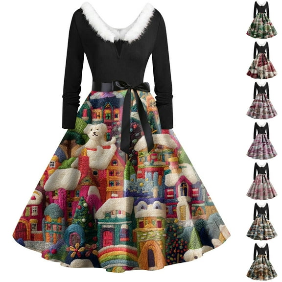 Women's Fashion Round Neck Casual Slim Christmas Printed Long Sleeve Dresses, Elegant Fall and Winter Dress for Holiday Parties, Soft and Comfortable,Army Green,L