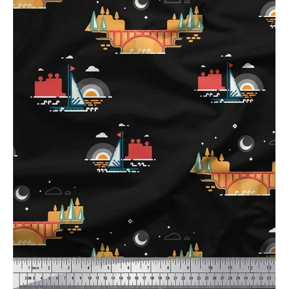 Soimoi Black Cotton Voile Fabric Bridge & Yacht Nautical Fabric Prints By Yard 42 Inch Wide