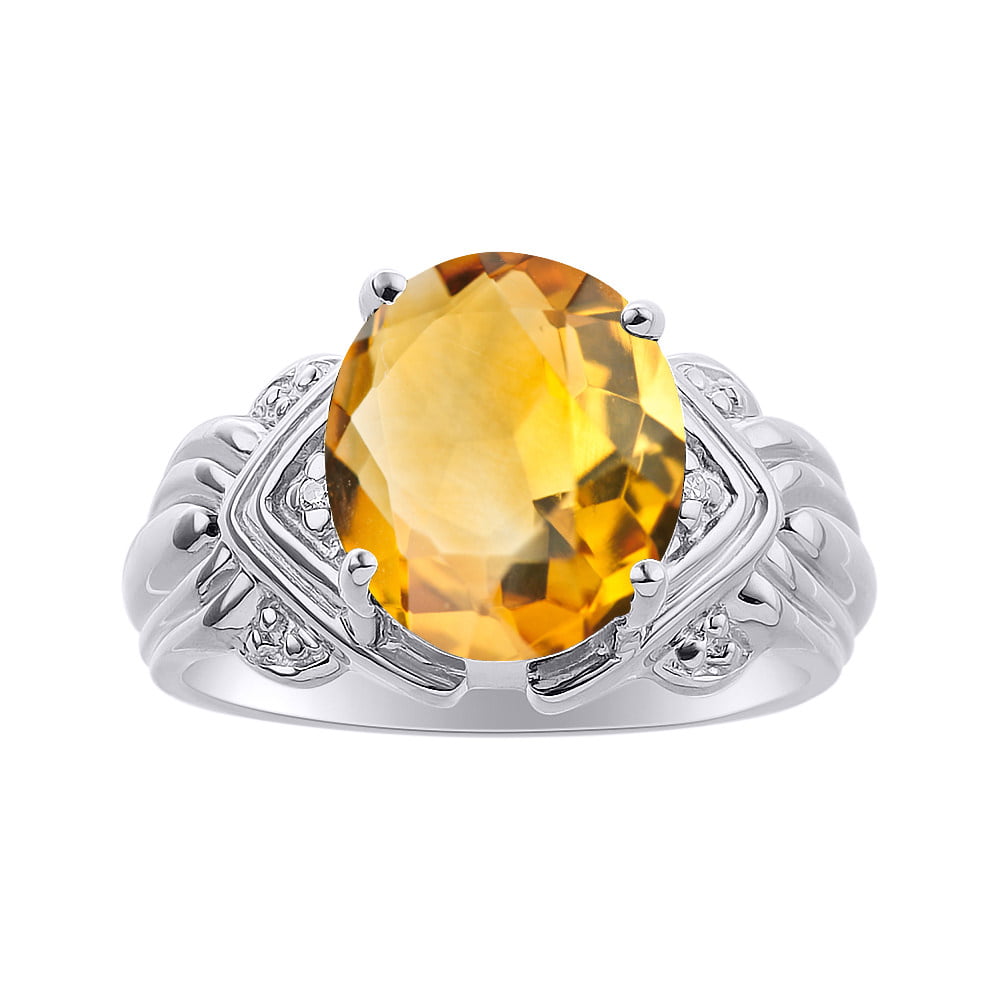 12 X 10MM Color Stone Birthstone Ring Diamond & Citrine Ring Set In Sterling Silver